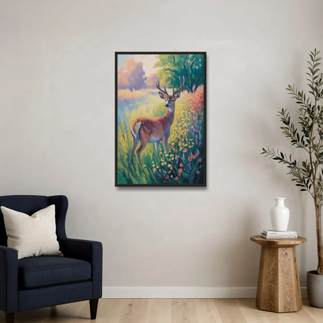 Deer Among Wildflowers - Black Framed Canvas Wall Art - Sofa - 24x36