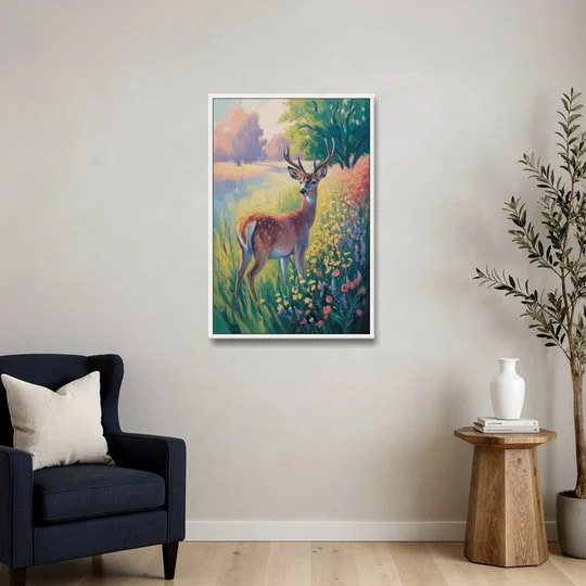 Deer Among Wildflowers - White Framed Canvas Wall Art - Sofa - 24x36