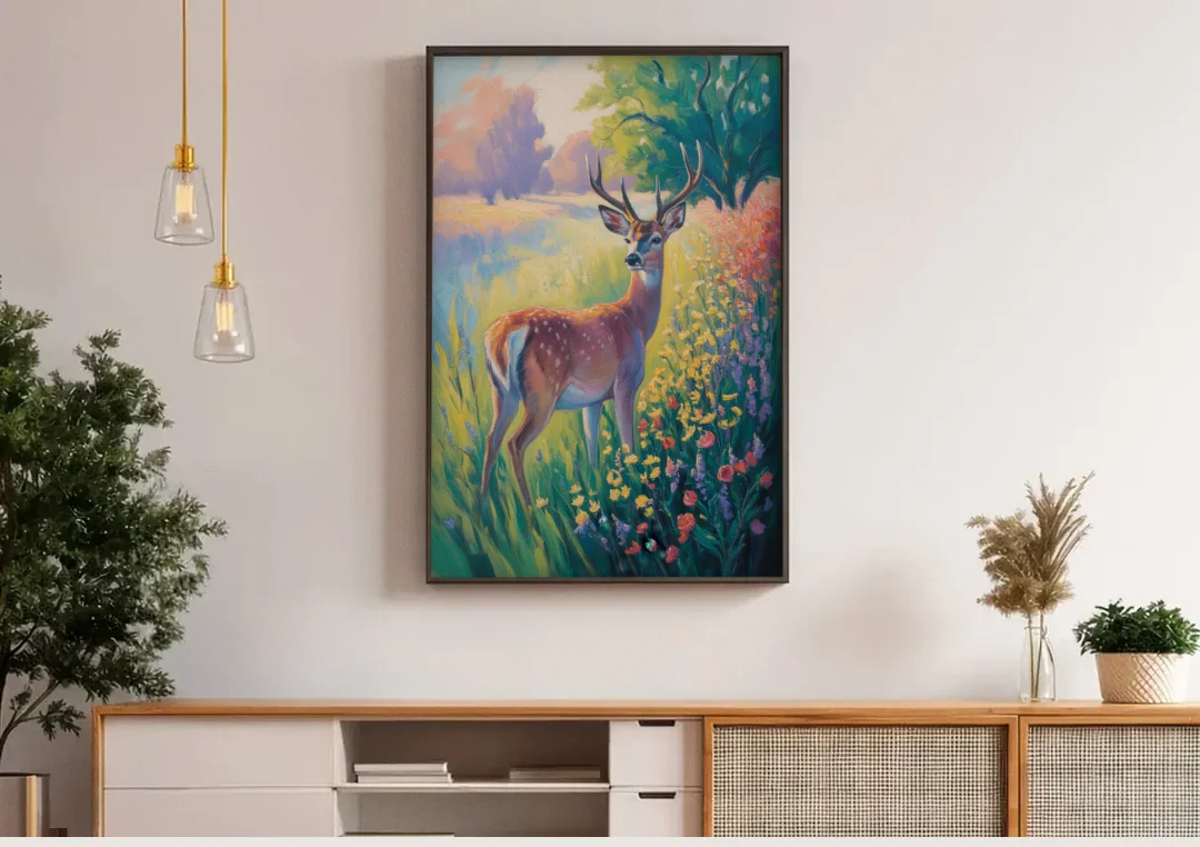 Deer Among Wildflowers canvas wall art above a wooden sideboard under pendant lights