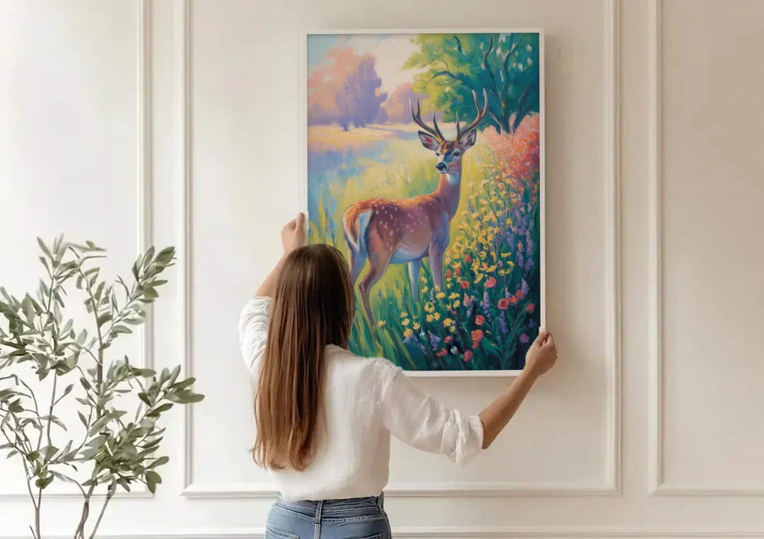 Deer Among Wildflowers canvas wall art being hung on a paneled wall