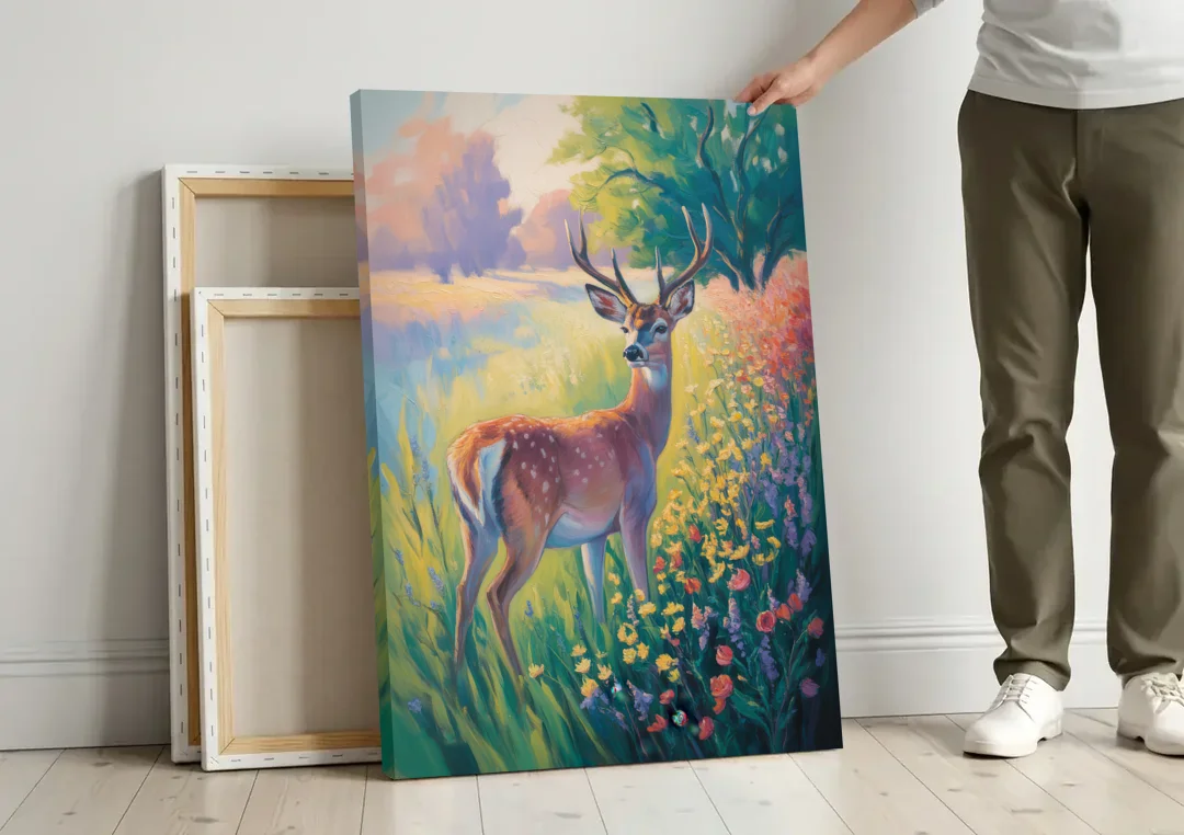 Deer Among Wildflowers canvas wall art leaning against a wall next to blank canvases