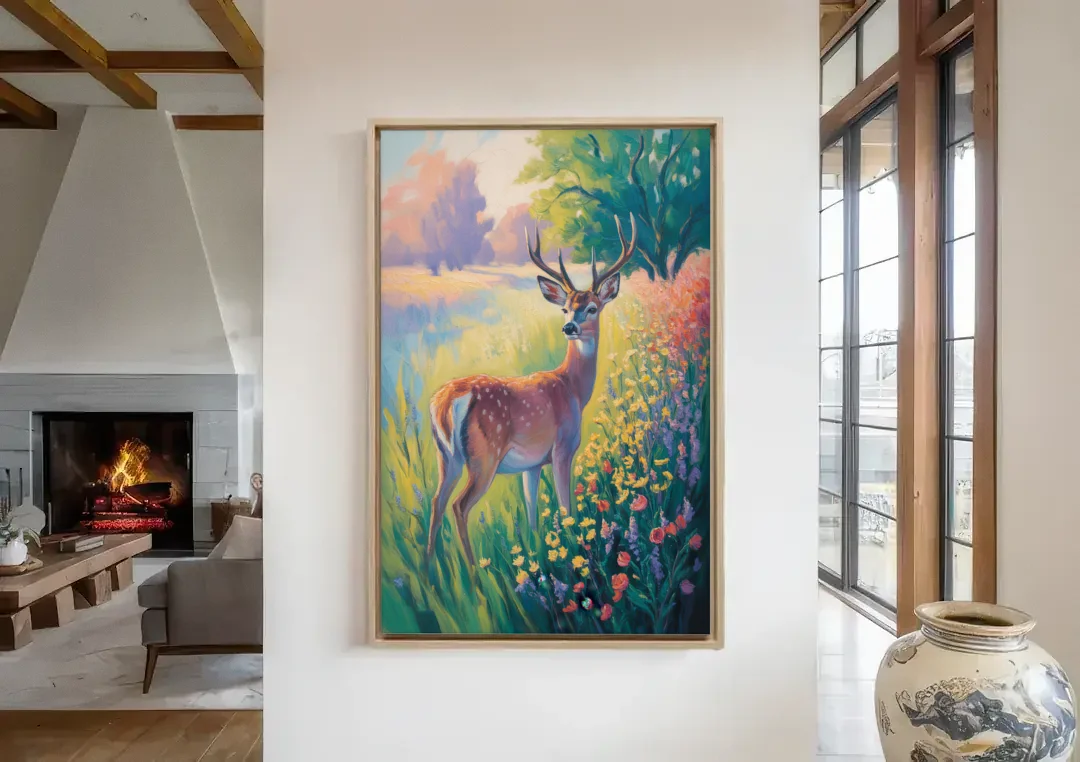 Deer Among Wildflowers canvas wall art in a living room with a fireplace