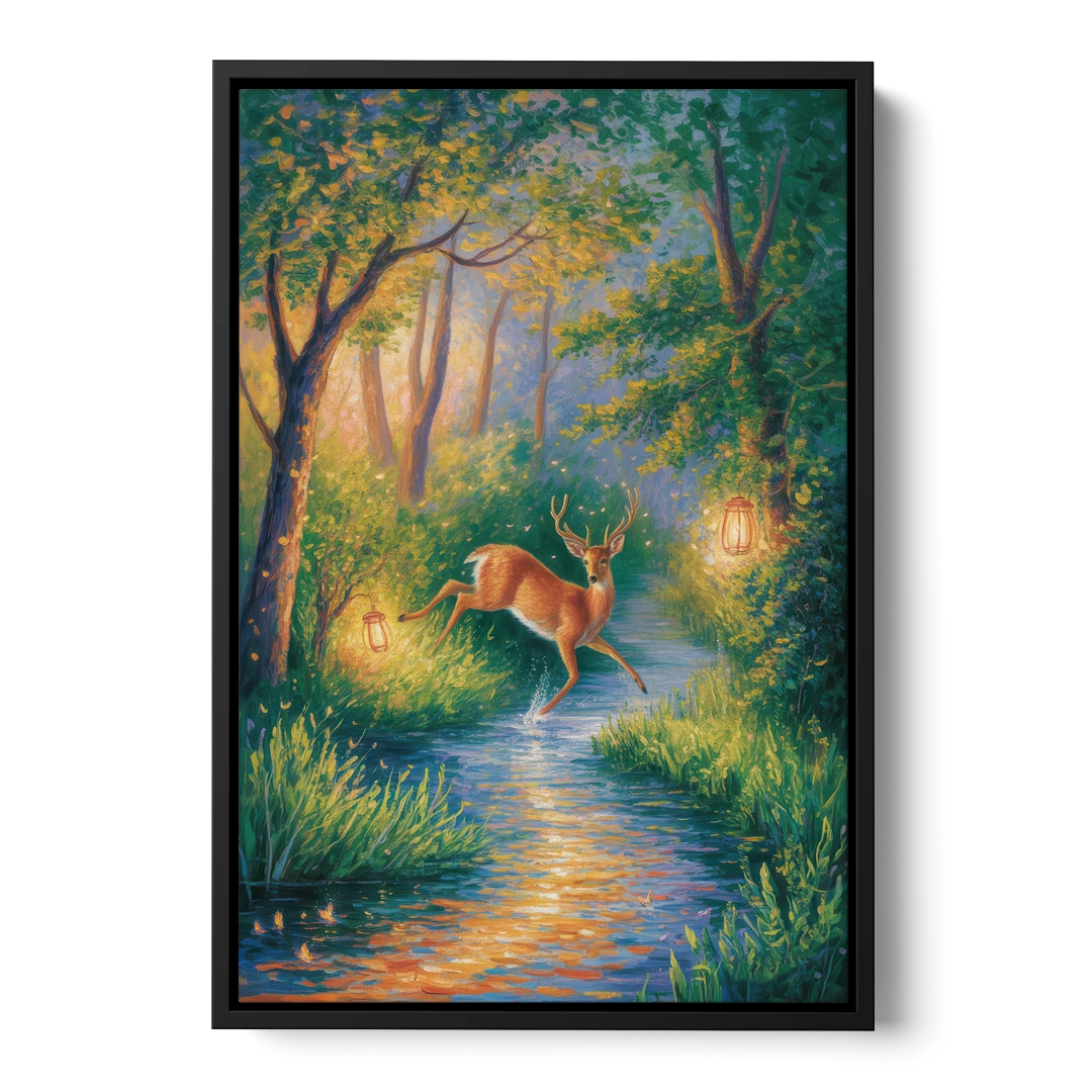 Deer Crossing the Stream - Black Framed Canvas Wall Art - Front