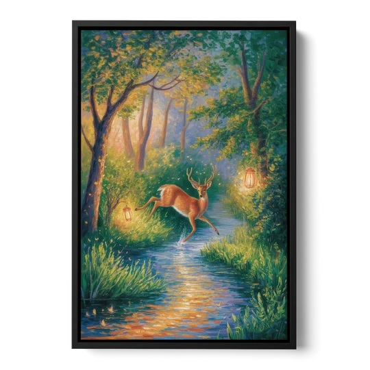 Deer Crossing the Stream - Black Framed Canvas Wall Art - Front