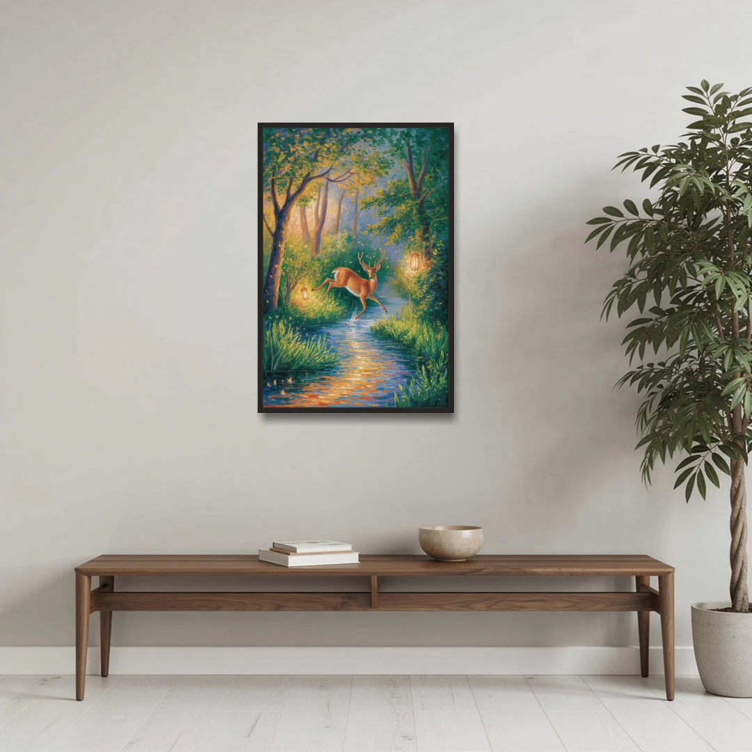 Deer Crossing the Stream - Black Framed Canvas Wall Art - Coffee Table - 24x36
