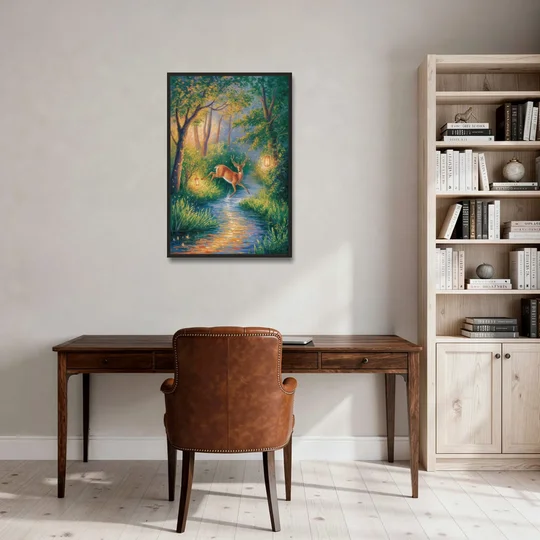 Deer Crossing the Stream - Black Framed Canvas Wall Art - Office - 24x36