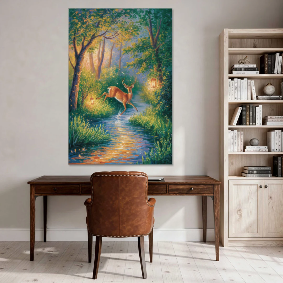Deer Crossing the Stream - Canvas Wall Art - Office - 40x60