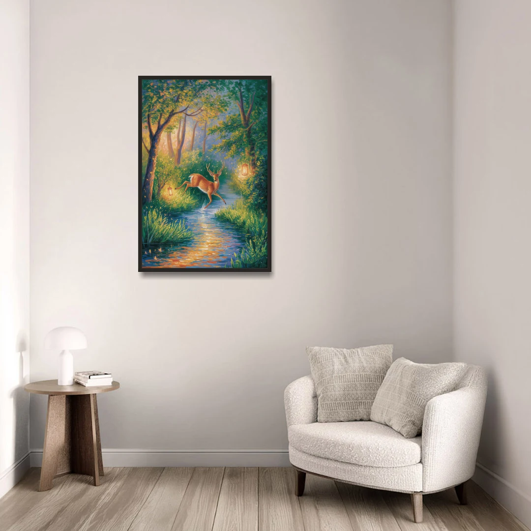 Deer Crossing the Stream - Black Framed Canvas Wall Art - Sofa - 24x36