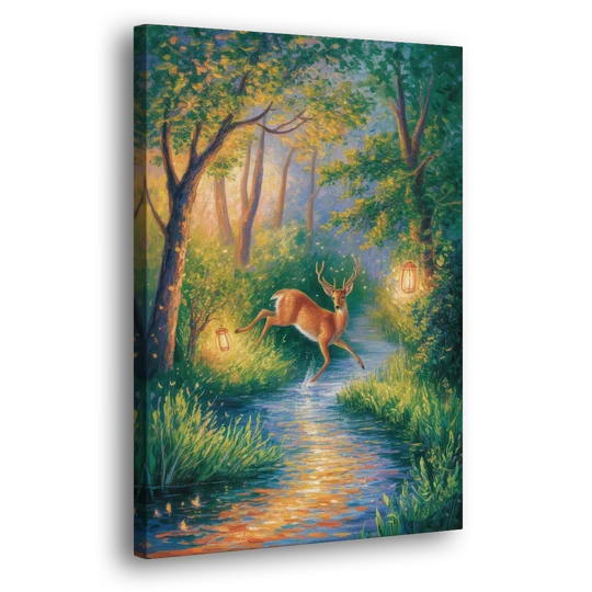 Deer Crossing the Stream - Canvas Wall Art - Side