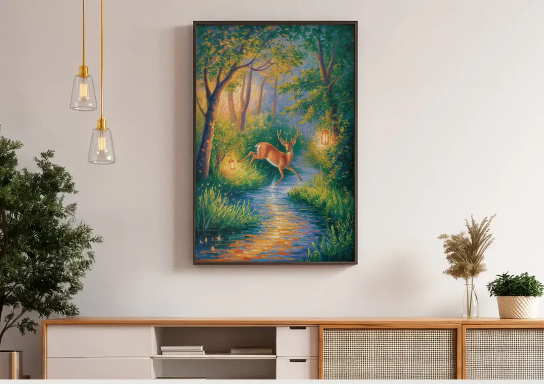 Deer Crossing the Stream canvas wall art above a wooden sideboard under pendant lights