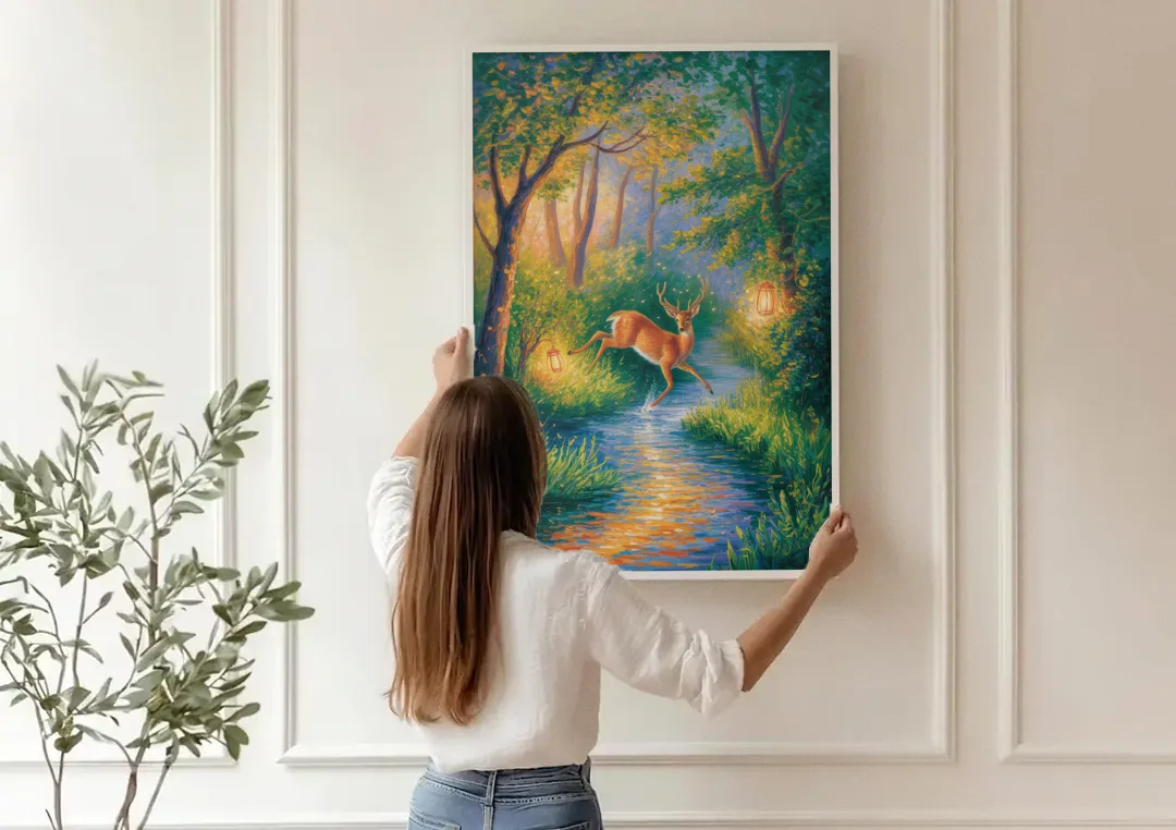 Deer Crossing the Stream canvas wall art being hung on a paneled wall
