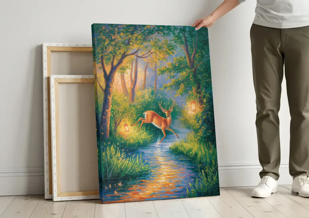 Deer Crossing the Stream canvas wall art leaning against a wall next to blank canvases