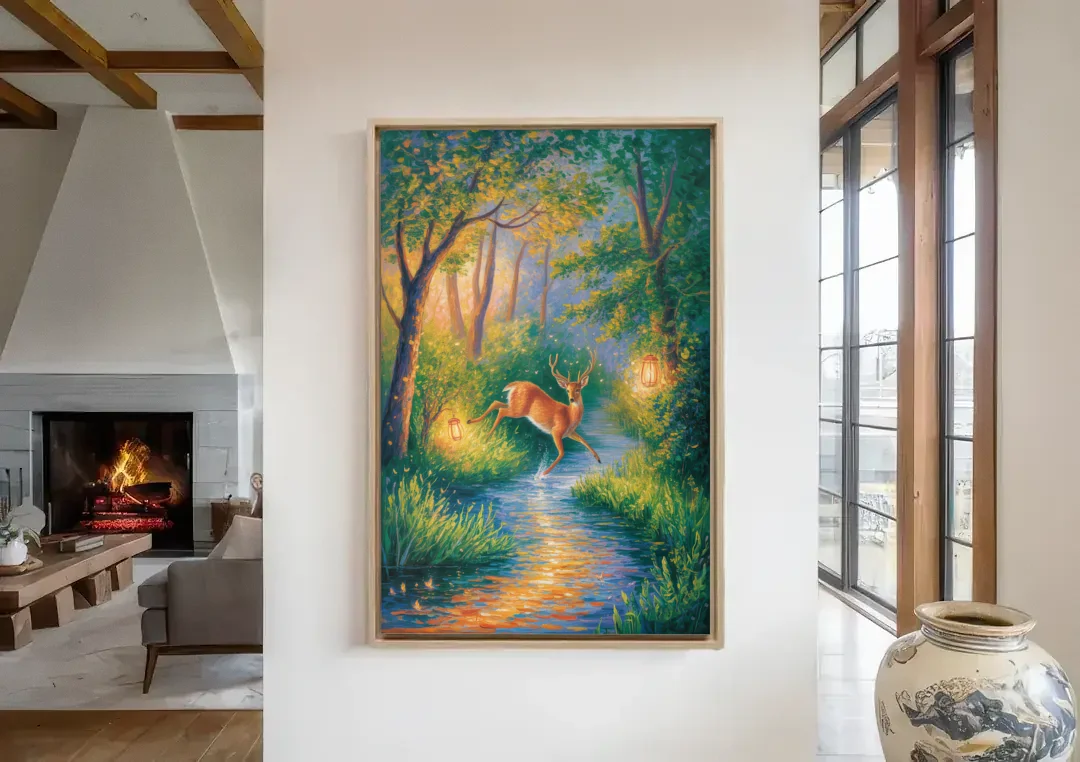 Deer Crossing the Stream canvas wall art in a living room with a fireplace