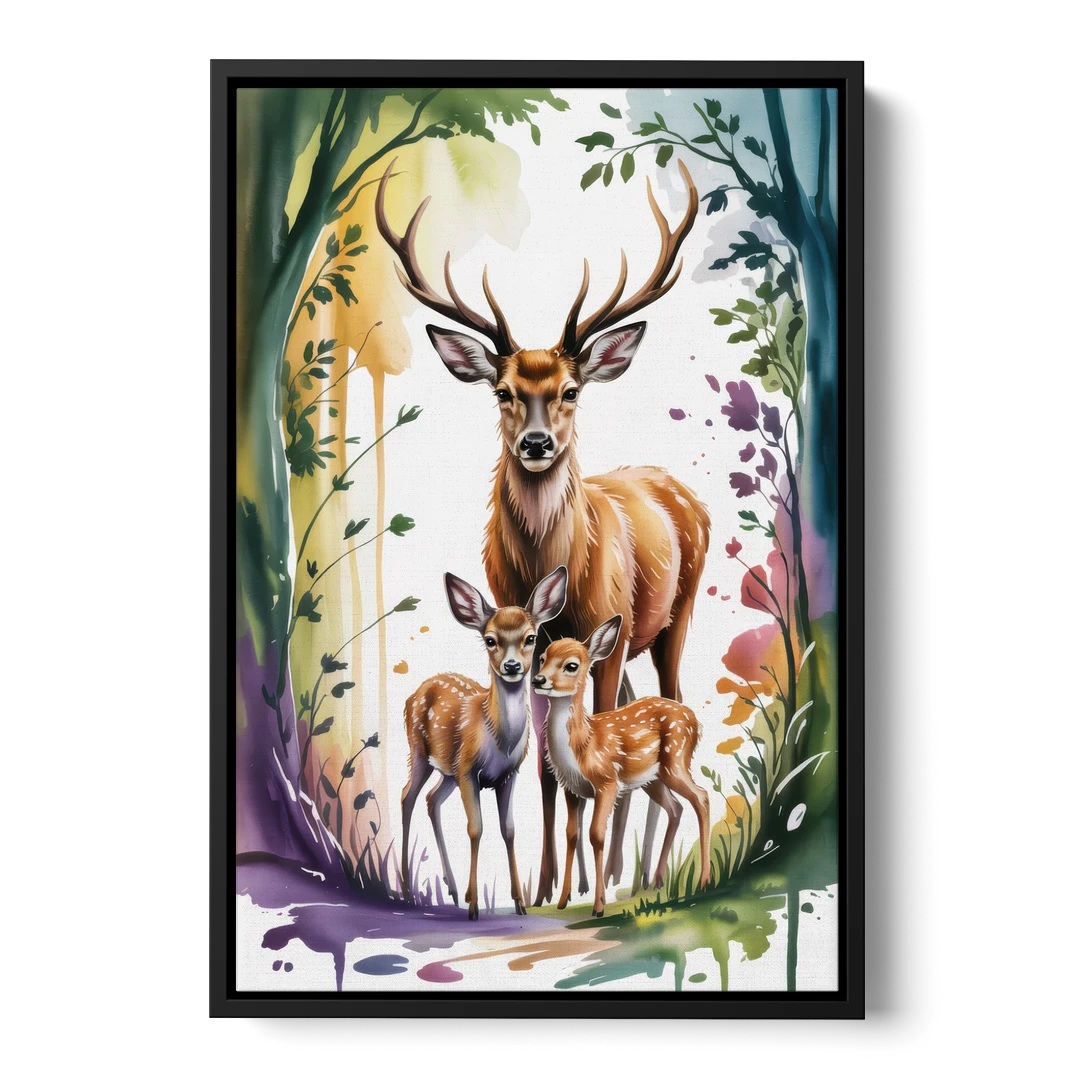 Deer Family Portrait - Black Framed Canvas Wall Art - Front