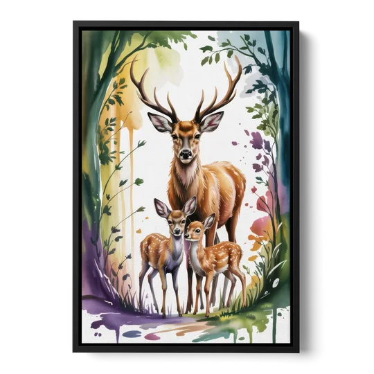 Deer Family Portrait - Black Framed Canvas Wall Art - Front