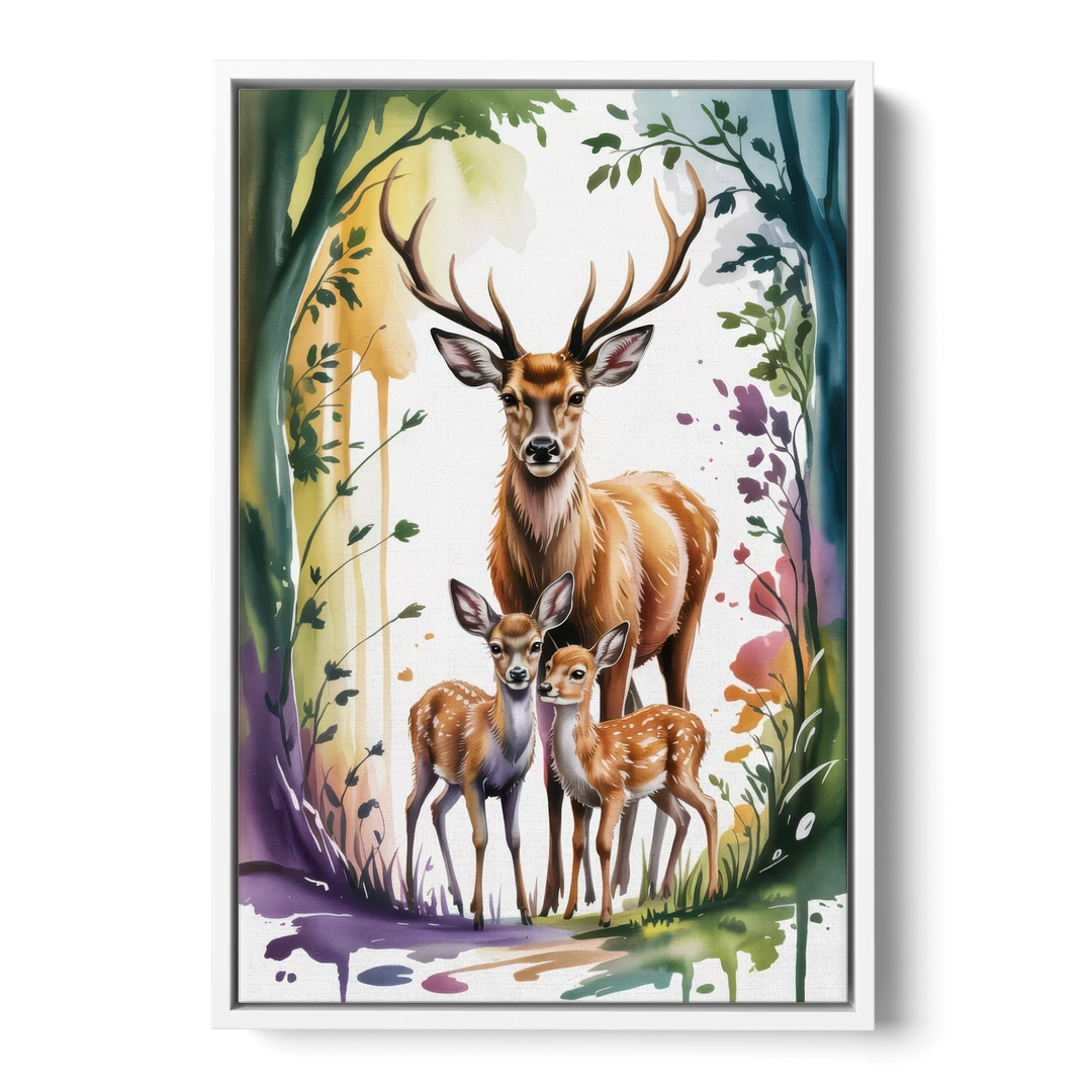 Deer Family Portrait - White Framed Canvas Wall Art - Front