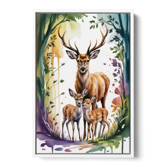 Deer Family Portrait - White Framed Canvas Wall Art - Front