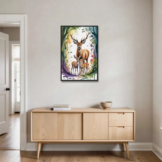 Deer Family Portrait - Black Framed Canvas Wall Art - Coffee Table - 24x36