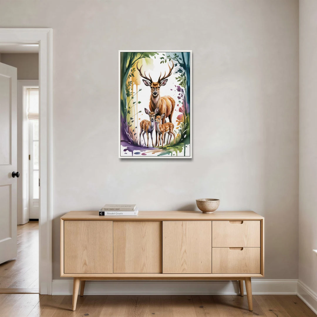 Deer Family Portrait - White Framed Canvas Wall Art - Coffee Table - 24x36