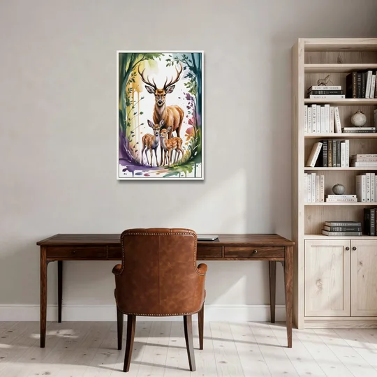 Deer Family Portrait - White Framed Canvas Wall Art - Office - 24x36