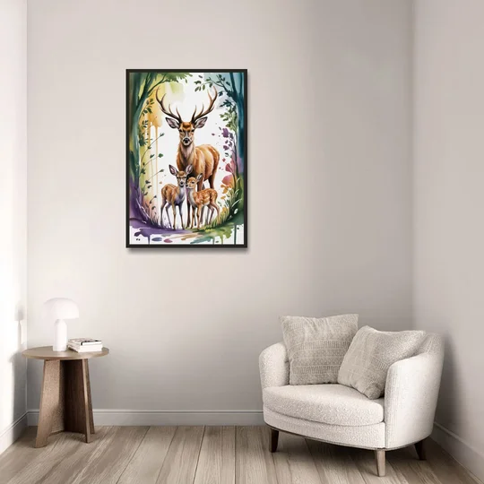 Deer Family Portrait - Black Framed Canvas Wall Art - Sofa - 24x36