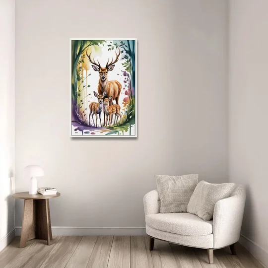 Deer Family Portrait - White Framed Canvas Wall Art - Sofa - 24x36