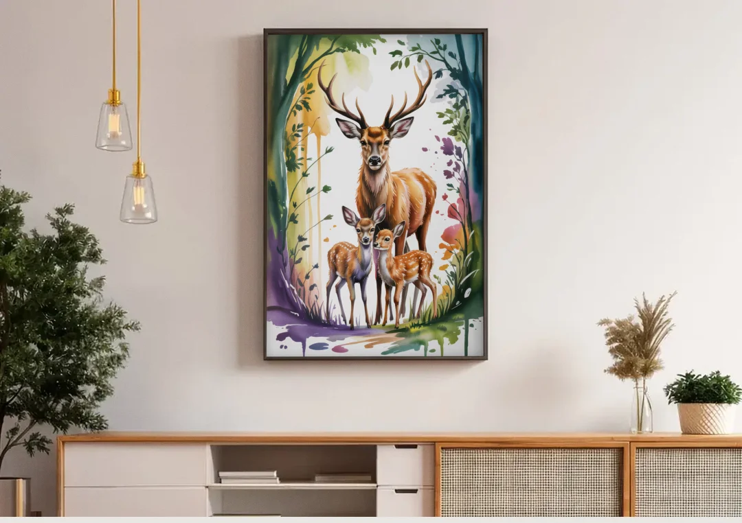 Deer Family Portrait canvas wall art above a wooden sideboard under pendant lights