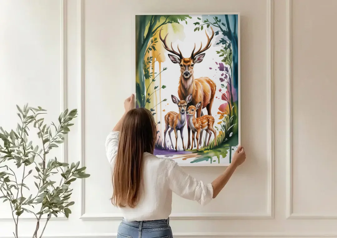 Deer Family Portrait canvas wall art being hung on a paneled wall