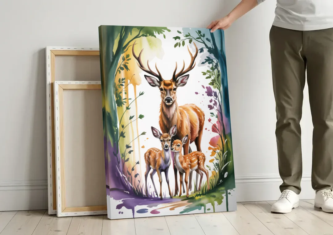 Deer Family Portrait canvas wall art leaning against a wall next to blank canvases