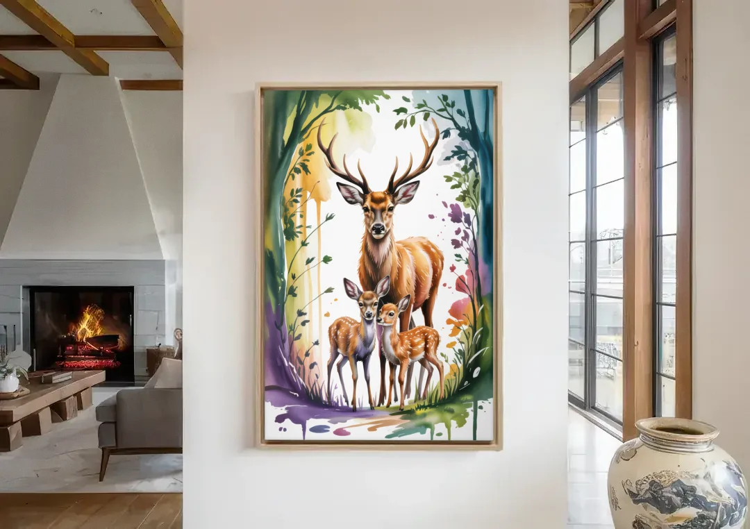Deer Family Portrait canvas wall art in a living room with a fireplace
