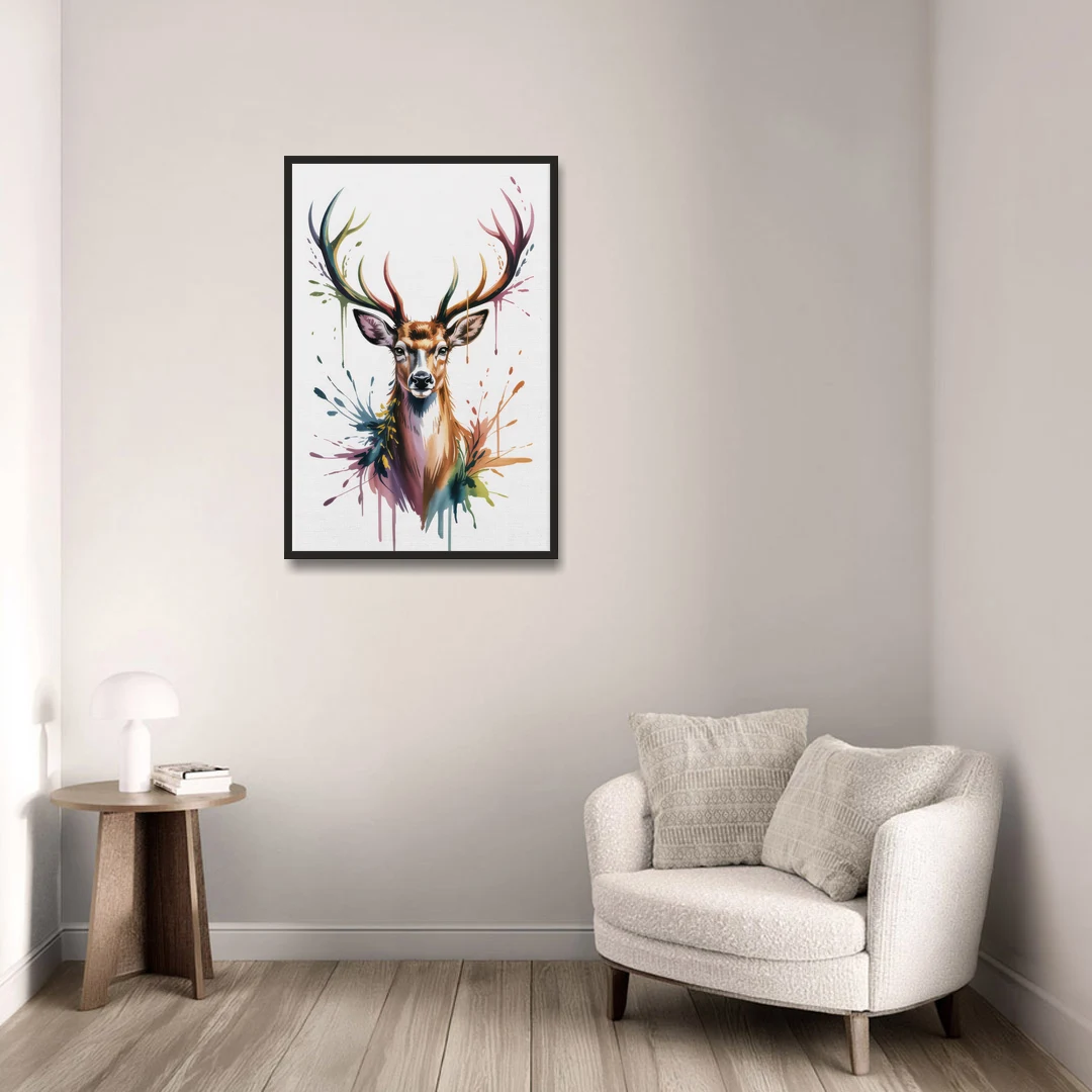 Deer Head in Profile - Black Framed Canvas Wall Art - Sofa - 24x36