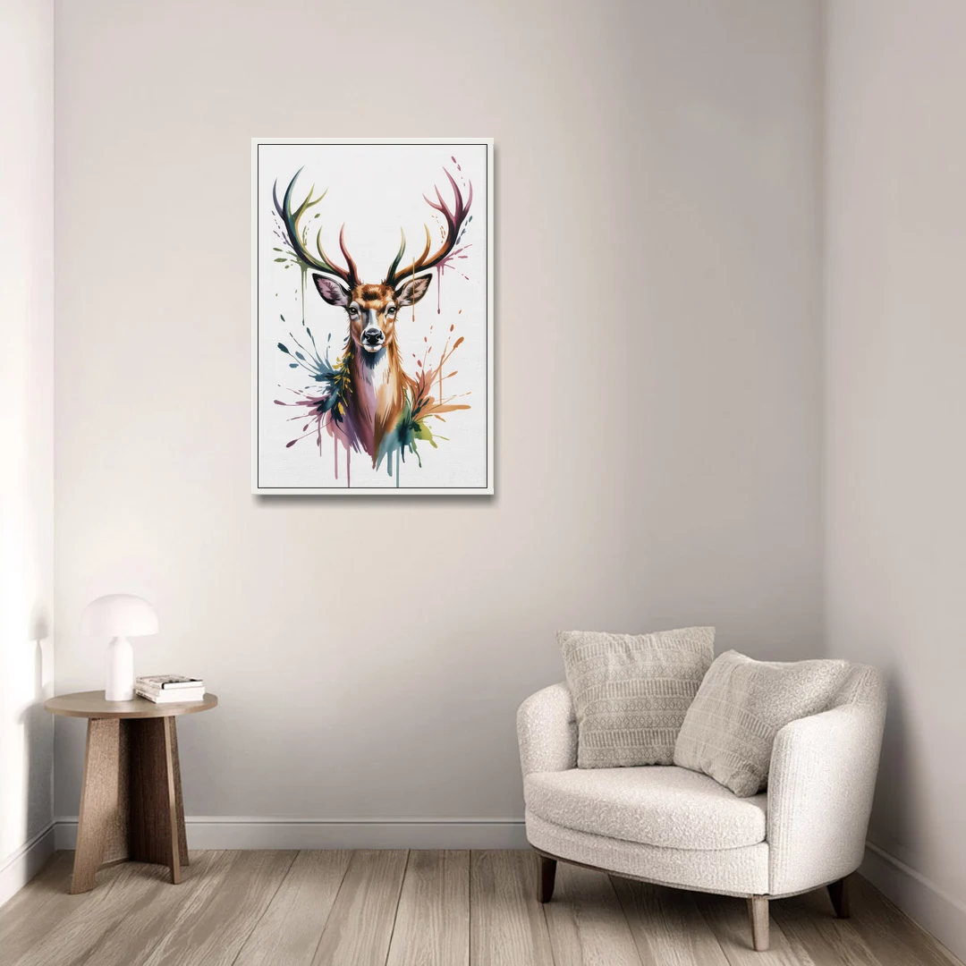 Deer Head in Profile - White Framed Canvas Wall Art - Sofa - 24x36