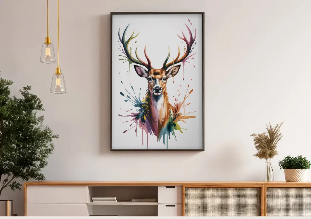 Deer Head in Profile canvas wall art above a wooden sideboard under pendant lights