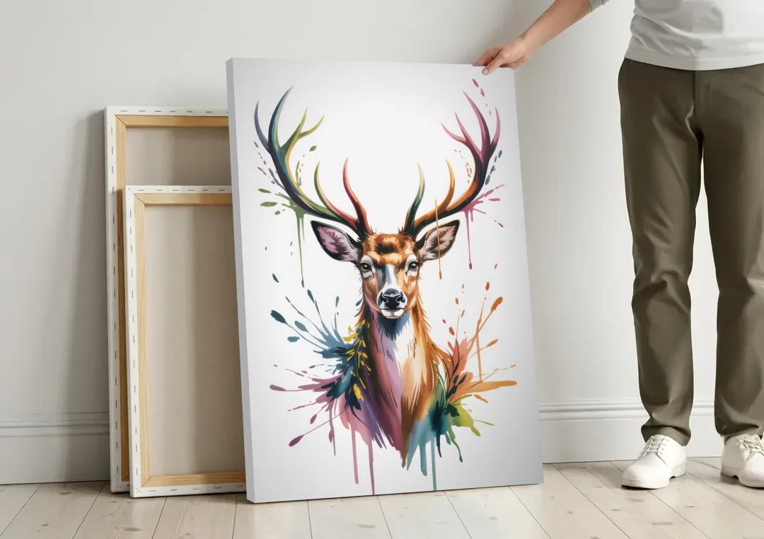 Deer Head in Profile canvas wall art leaning against a wall next to blank canvases