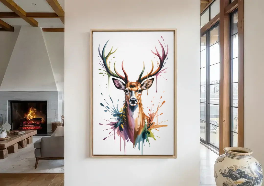 Deer Head in Profile canvas wall art in a living room with a fireplace