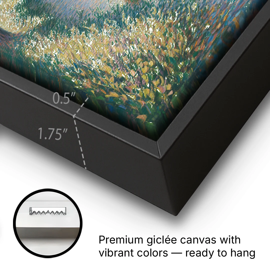 Deer Herd at River's Edge - Black Framed Canvas Wall Art - Gallery Wrap Corner