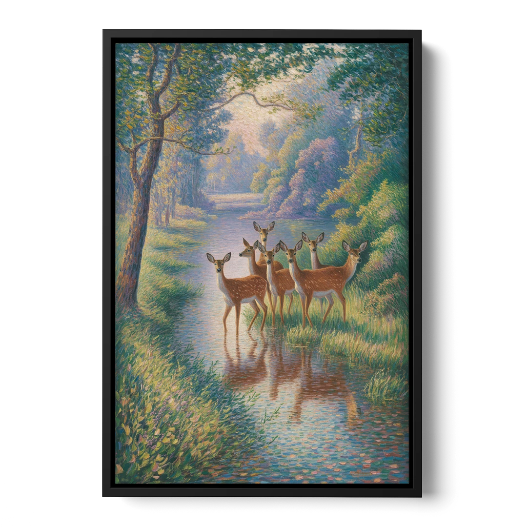 Deer Herd at River's Edge - Black Framed Canvas Wall Art - Front