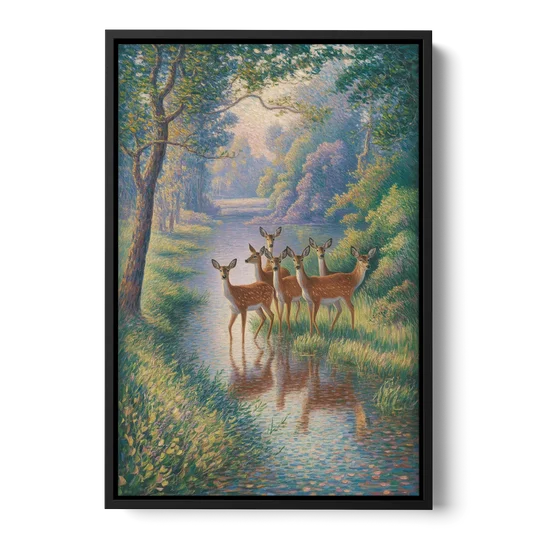 Deer Herd at River's Edge - Black Framed Canvas Wall Art - Front