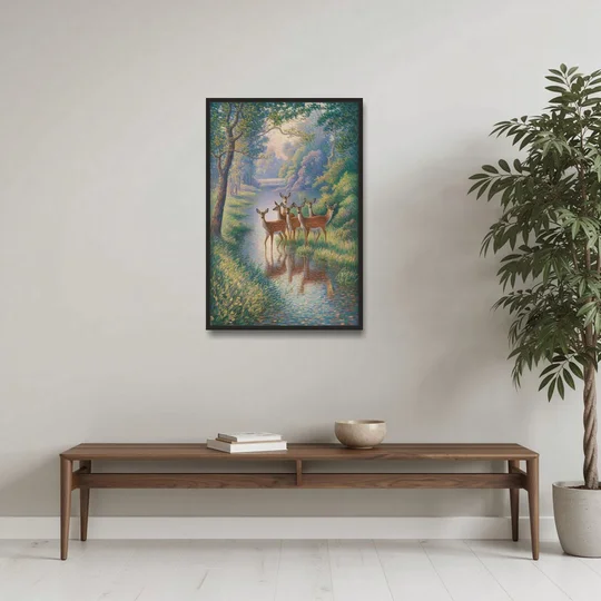 Deer Herd at River's Edge - Black Framed Canvas Wall Art - Coffee Table - 24x36
