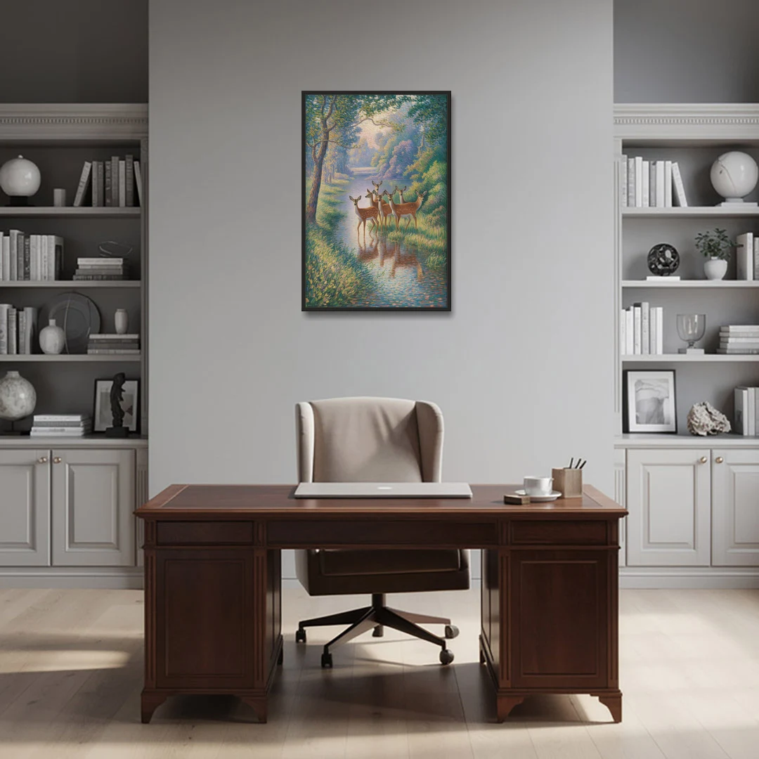 Deer Herd at River's Edge - Black Framed Canvas Wall Art - Office - 24x36