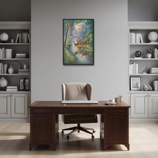 Deer Herd at River's Edge - Black Framed Canvas Wall Art - Office - 24x36