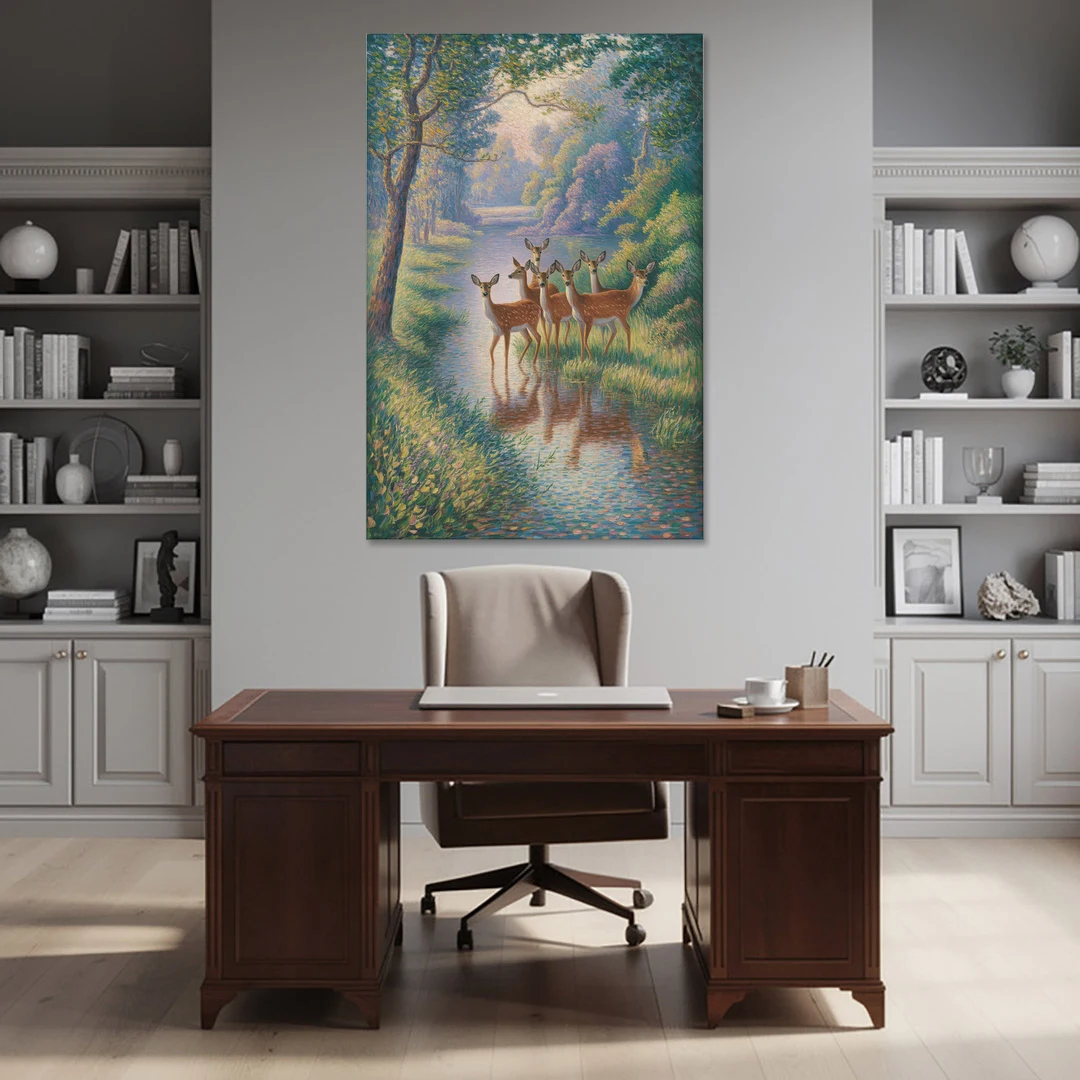 Deer Herd at River's Edge - Canvas Wall Art - Office - 40x60