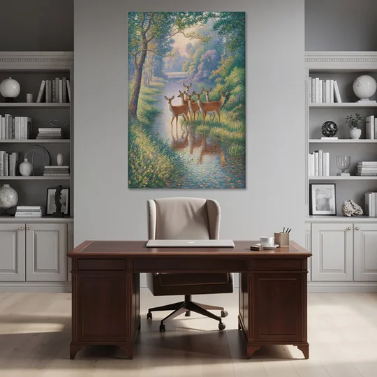 Deer Herd at River's Edge - Canvas Wall Art - Office - 40x60