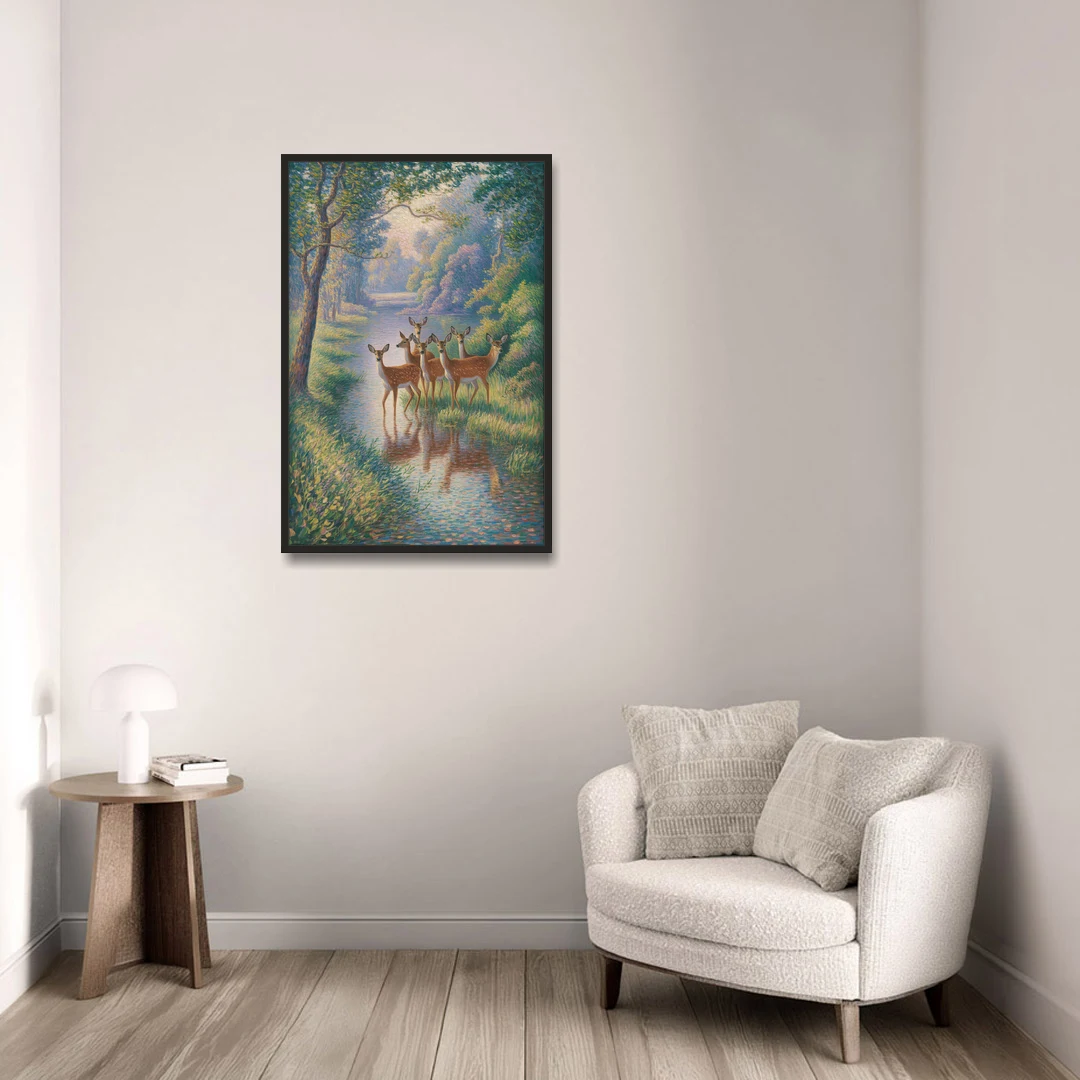 Deer Herd at River's Edge - Black Framed Canvas Wall Art - Sofa - 24x36