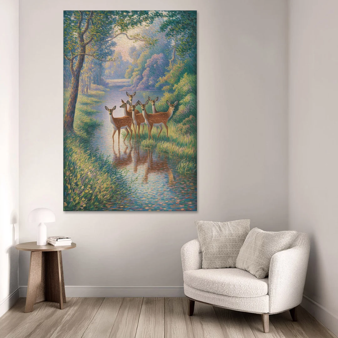 Deer Herd at River's Edge - Canvas Wall Art - Sofa - 40x60