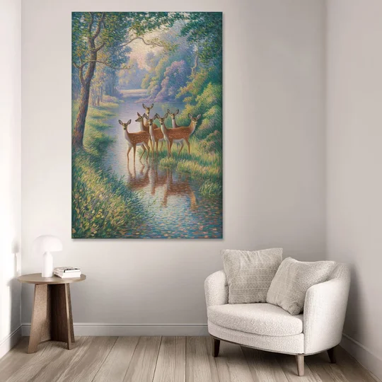 Deer Herd at River's Edge - Canvas Wall Art - Sofa - 40x60