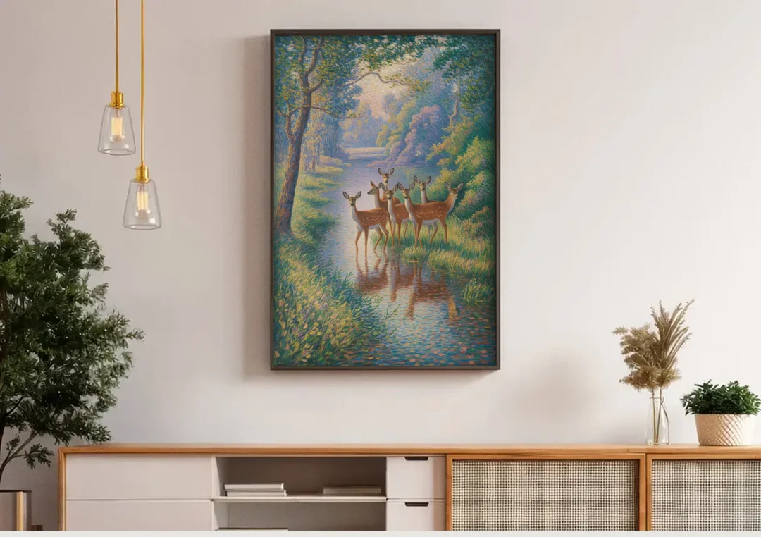 Deer Herd at River's Edge canvas wall art above a wooden sideboard under pendant lights