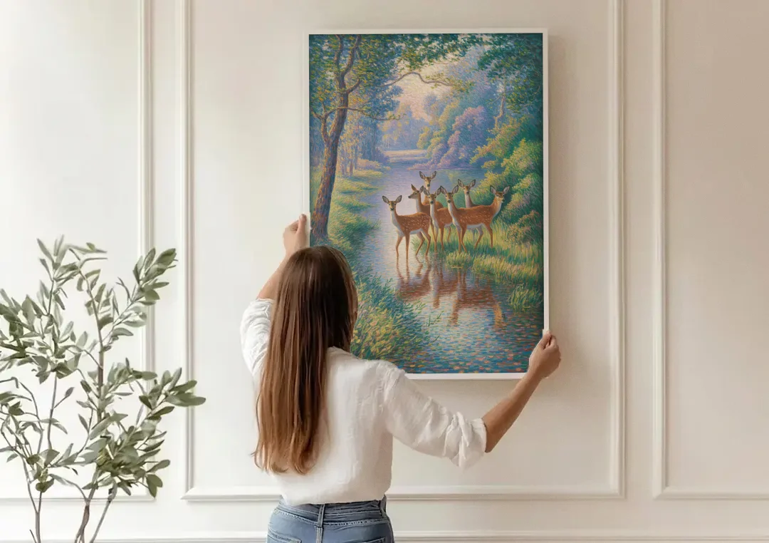 Deer Herd at River's Edge canvas wall art being hung on a paneled wall