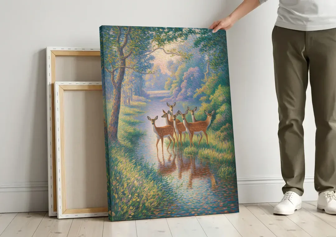 Deer Herd at River's Edge canvas wall art leaning against a wall next to blank canvases