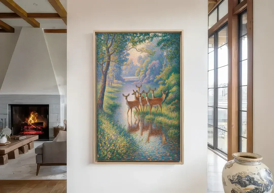 Deer Herd at River's Edge canvas wall art in a living room with a fireplace